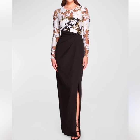 Marchesa Notte Black Gold Gown Long Sleeve Floral Lace Evening